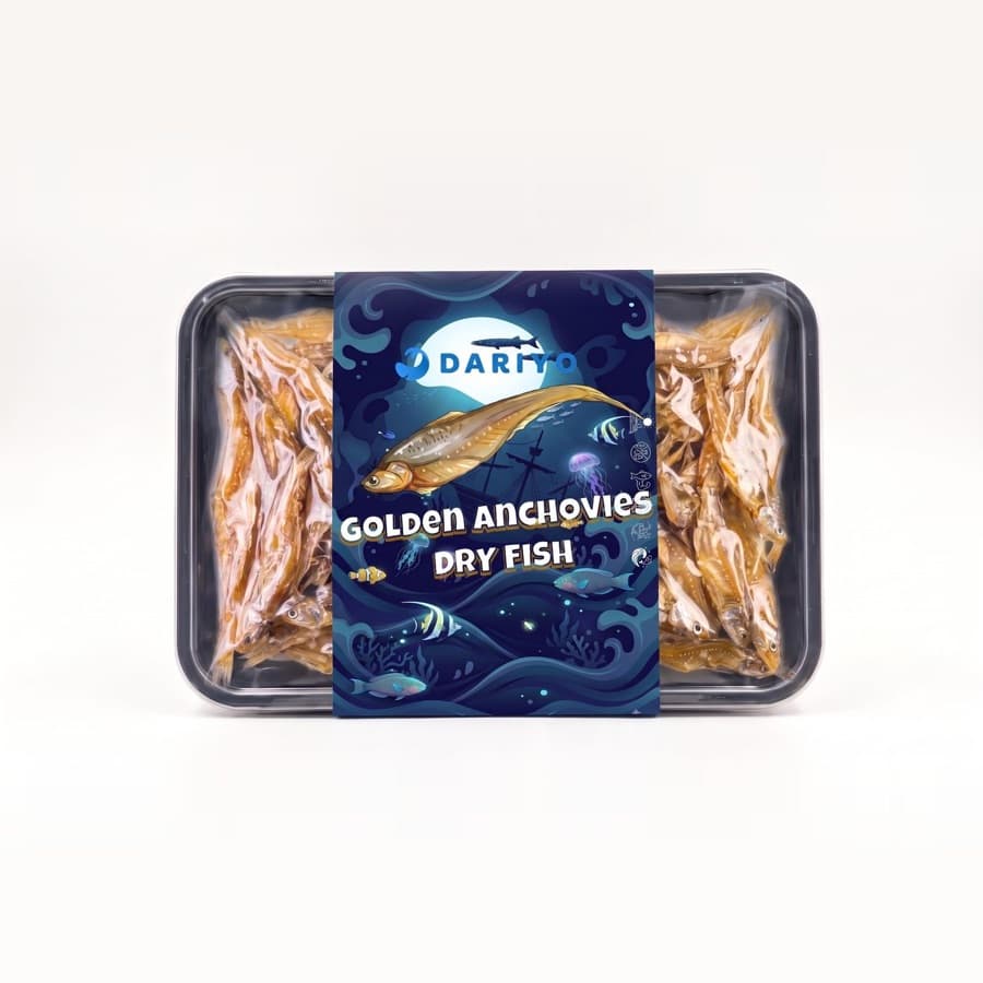 Dariyo Golden Anchovies Dry Fish tub, front label